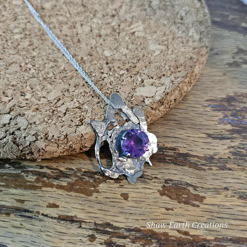 Handcut Amethyst Talisman Necklace Brutalist Sterling Silver Pendant Mystic Artisan Jewelry