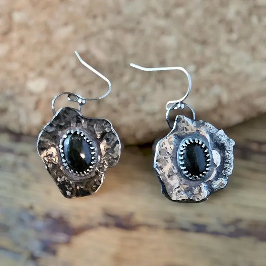 Black Star Diopside Earrings Brutalist Sterling Silver Handcut Gemstone Power Jewelry