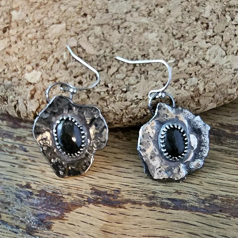 Black Star Diopside Earrings Brutalist Sterling Silver Handcut Gemstone Power Jewelry