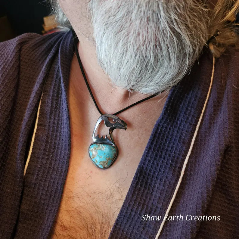 Handcut 43ct Kingman Turquoise War Eagle Sterling Silver Necklace