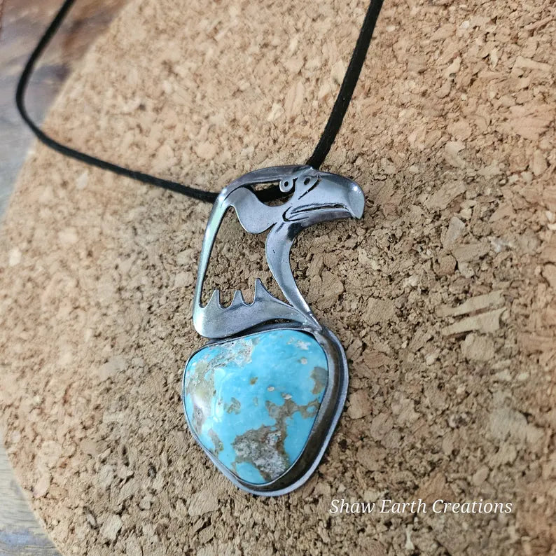 Handcut 43ct Kingman Turquoise War Eagle Sterling Silver Necklace