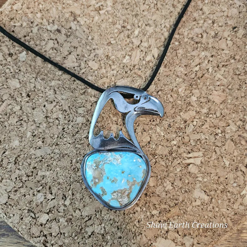 Handcut 43ct Kingman Turquoise War Eagle Sterling Silver Necklace