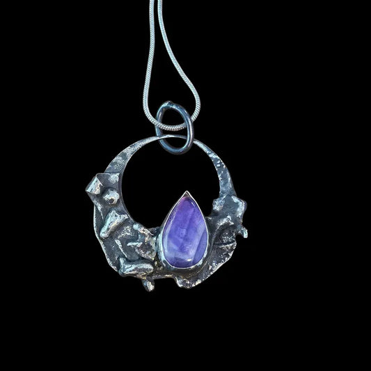 Handcut Chevron Amethyst Rustic Brutalist Sterling Silver Necklace