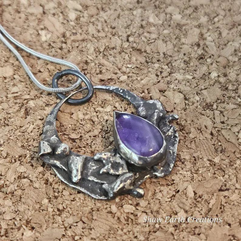 Handcut Chevron Amethyst Rustic Brutalist Sterling Silver Necklace