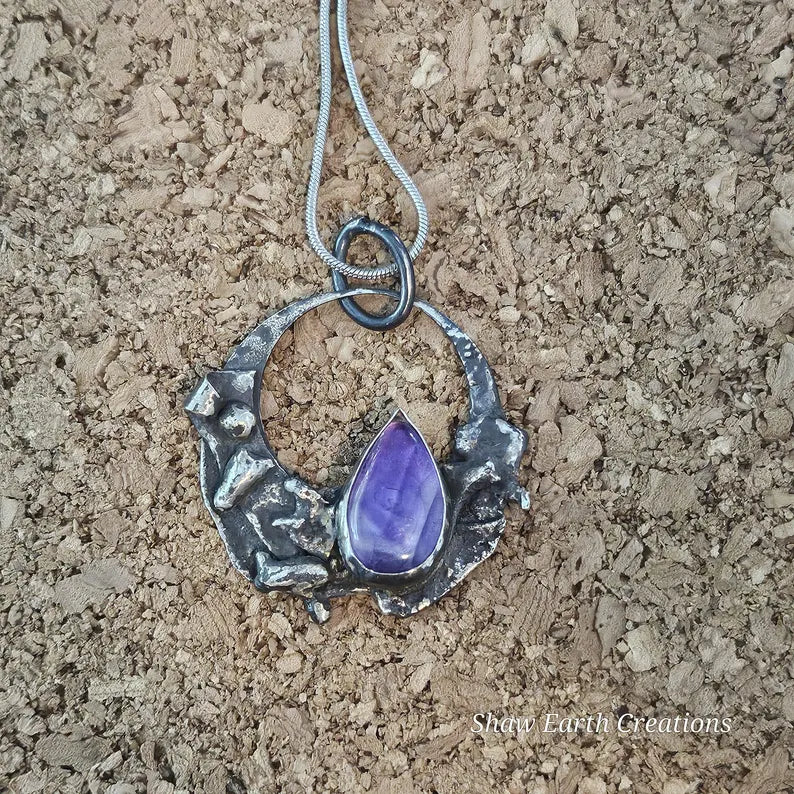 Handcut Chevron Amethyst Rustic Brutalist Sterling Silver Necklace