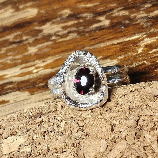 Hand Faceted Garnet Rustic Sterling Silver Ring