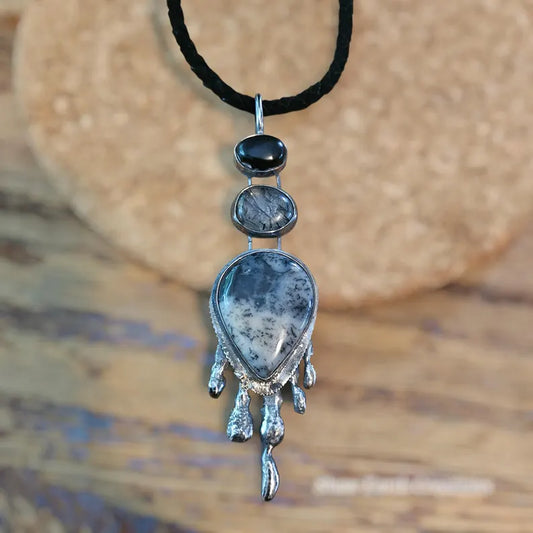 Handmade Brutalist Cairn Necklace Handcut Onyx Tourmilated Quartz Dendritic Agate Necklace