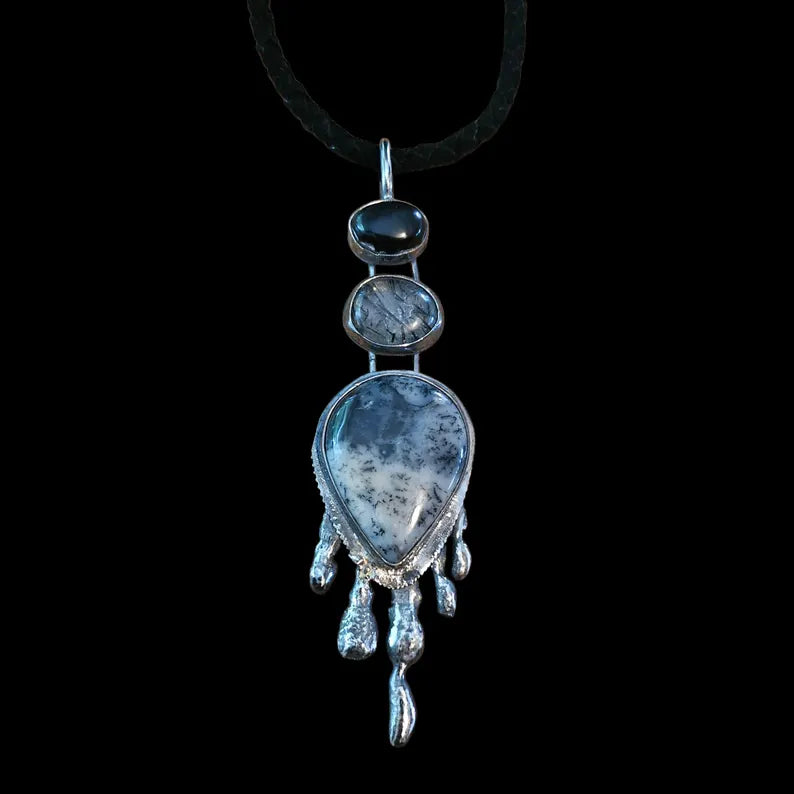 Handmade Brutalist Cairn Necklace Handcut Onyx Tourmilated Quartz Dendritic Agate Necklace