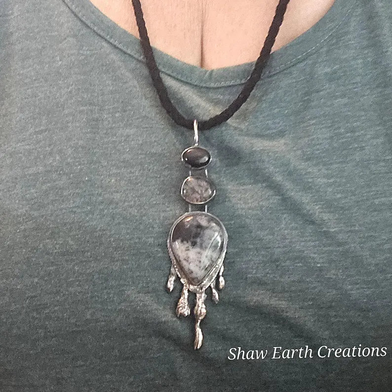 Handmade Brutalist Cairn Necklace Handcut Onyx Tourmilated Quartz Dendritic Agate Necklace