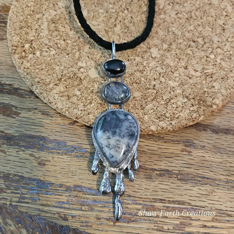 Handmade Brutalist Cairn Necklace Handcut Onyx Tourmilated Quartz Dendritic Agate Necklace