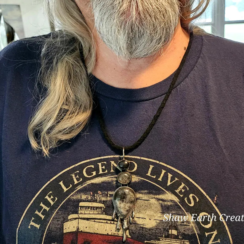 Handmade Brutalist Cairn Necklace Handcut Onyx Tourmilated Quartz Dendritic Agate Necklace