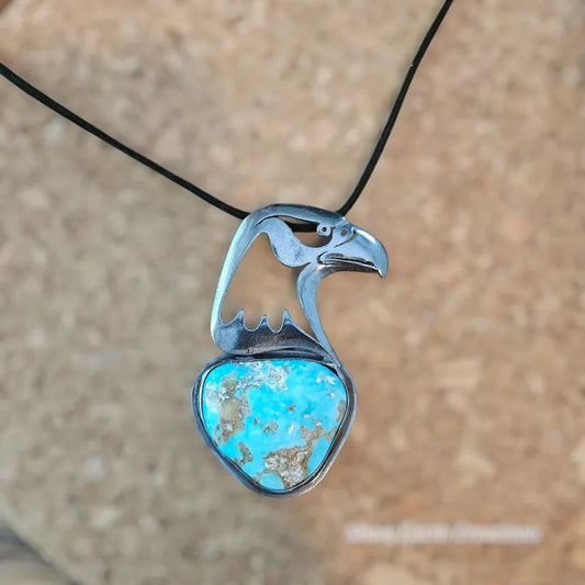 Handcut 43ct Kingman Turquoise War Eagle Sterling Silver Necklace