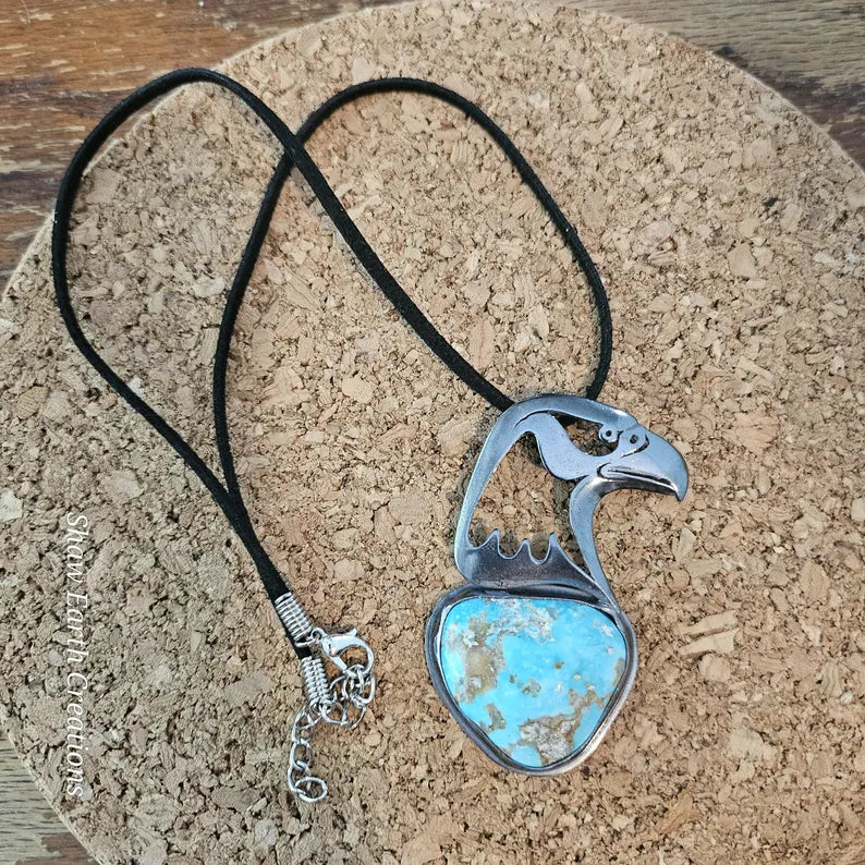 Handcut 43ct Kingman Turquoise War Eagle Sterling Silver Necklace