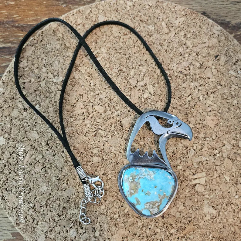 Handcut 43ct Kingman Turquoise War Eagle Sterling Silver Necklace