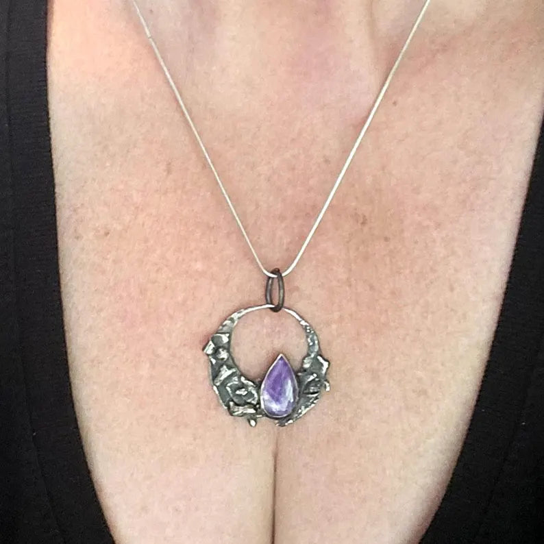 Handcut Chevron Amethyst Rustic Brutalist Sterling Silver Necklace