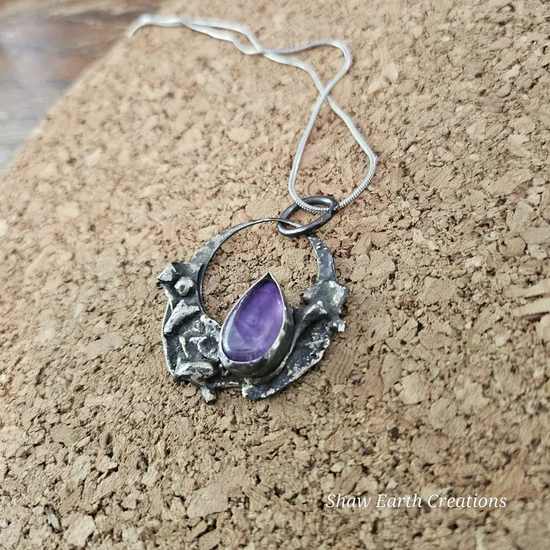 Handcut Chevron Amethyst Rustic Brutalist Sterling Silver Necklace