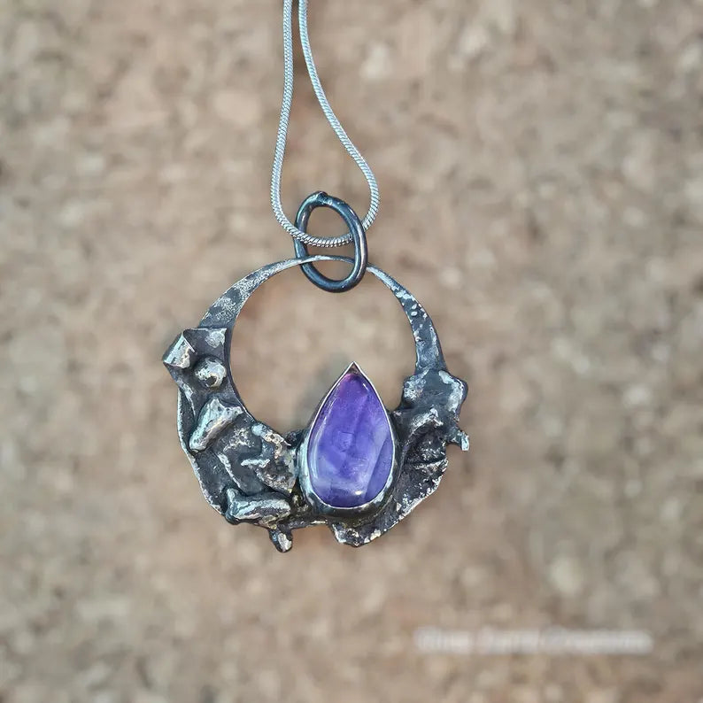 Handcut Chevron Amethyst Rustic Brutalist Sterling Silver Necklace