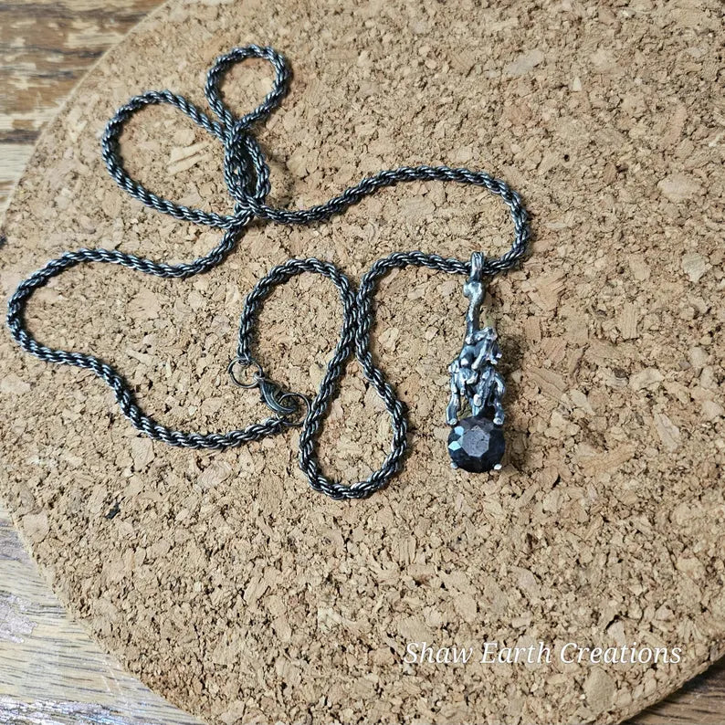 Hand faceted 5ct Black Sapphire Sterling Silver Necklace