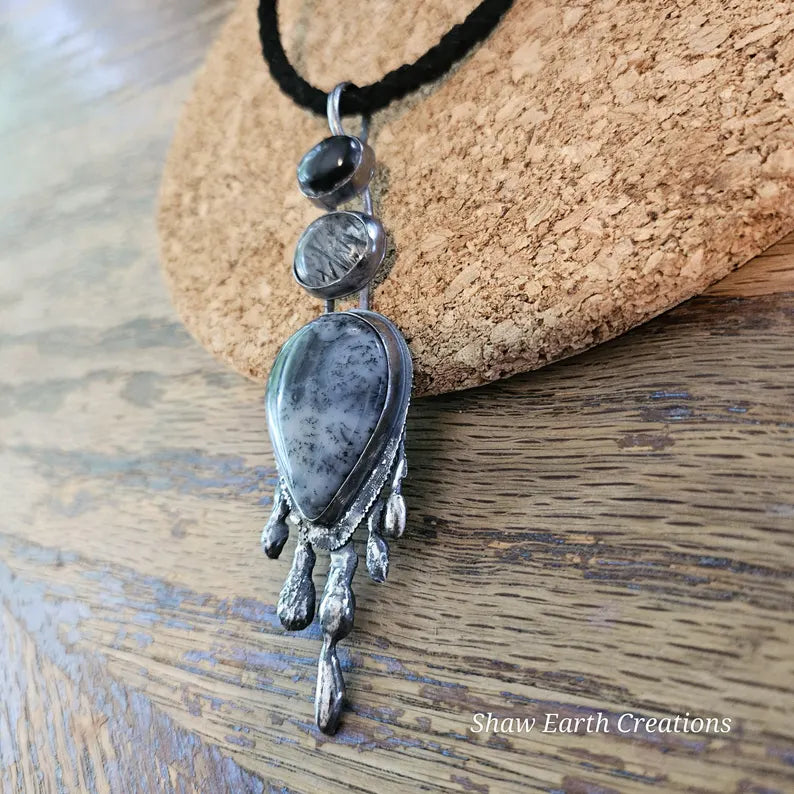 Handmade Brutalist Cairn Necklace Handcut Onyx Tourmilated Quartz Dendritic Agate Necklace