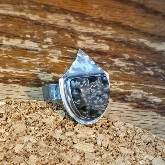 Men's Shield Ring with Idaho Seam Agate Brutalist Sterling Silver Jewelry