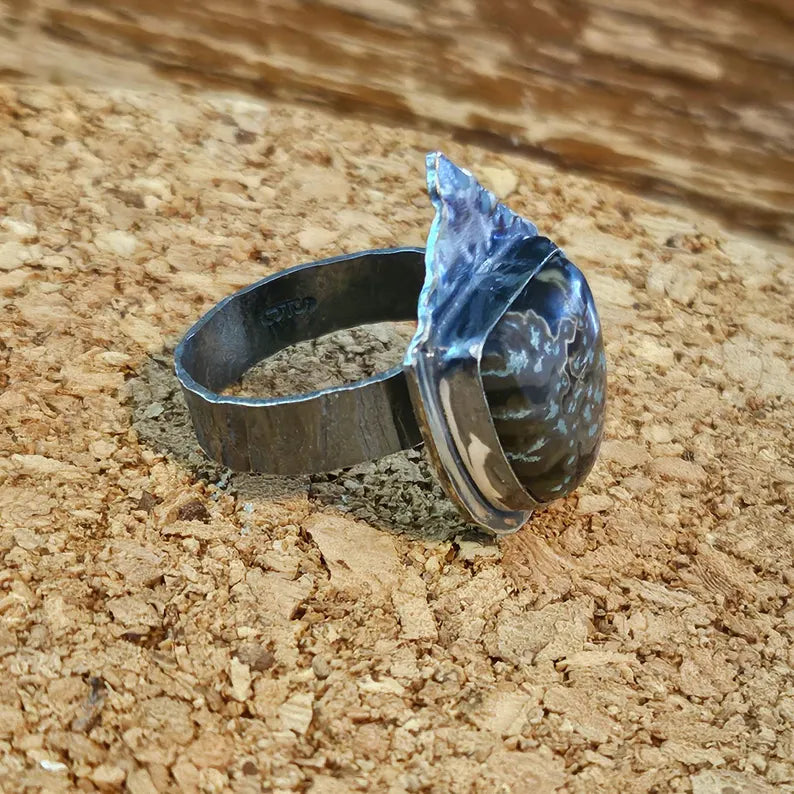 Men's Shield Ring with Idaho Seam Agate Brutalist Sterling Silver Jewelry