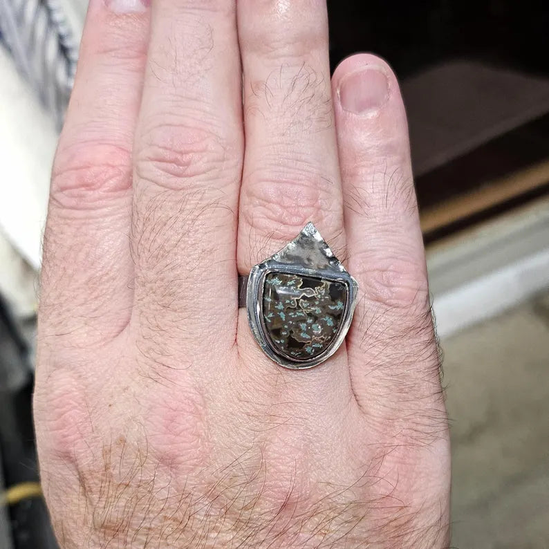 Men's Shield Ring with Idaho Seam Agate Brutalist Sterling Silver Jewelry