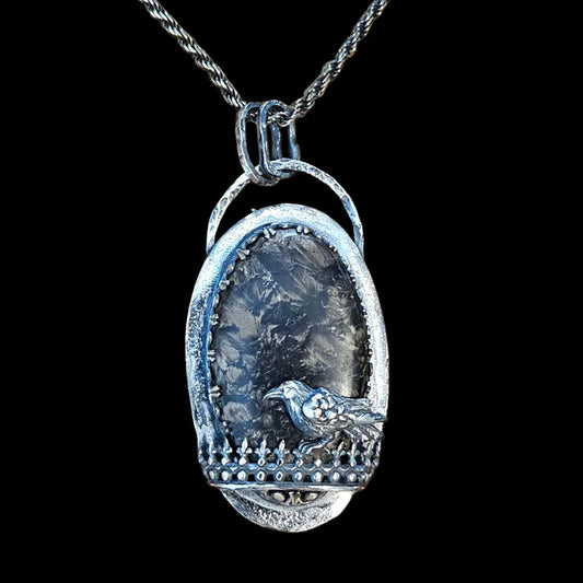 Handcut Stromatolite Haunting Crow Sterling Silver Necklace