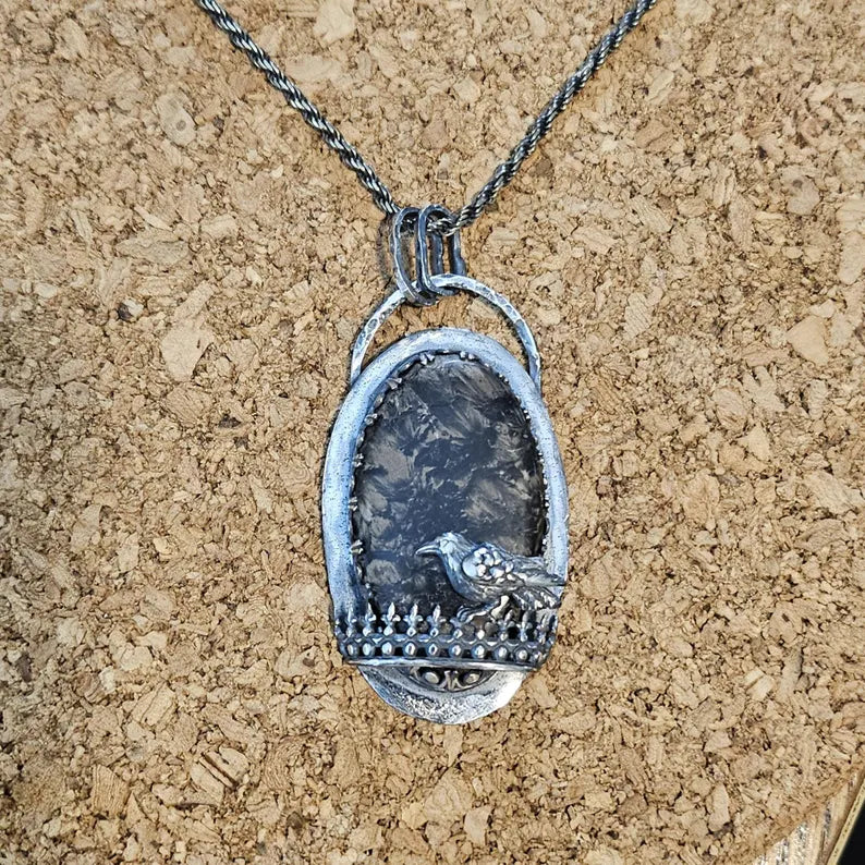 Handcut Stromatolite Haunting Crow Sterling Silver Necklace