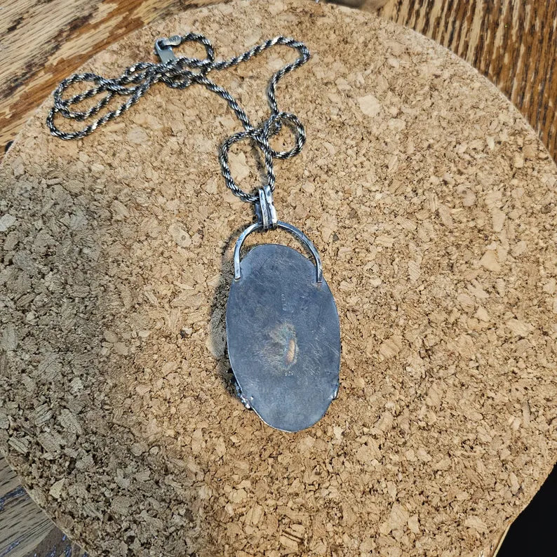 Handcut Stromatolite Haunting Crow Sterling Silver Necklace