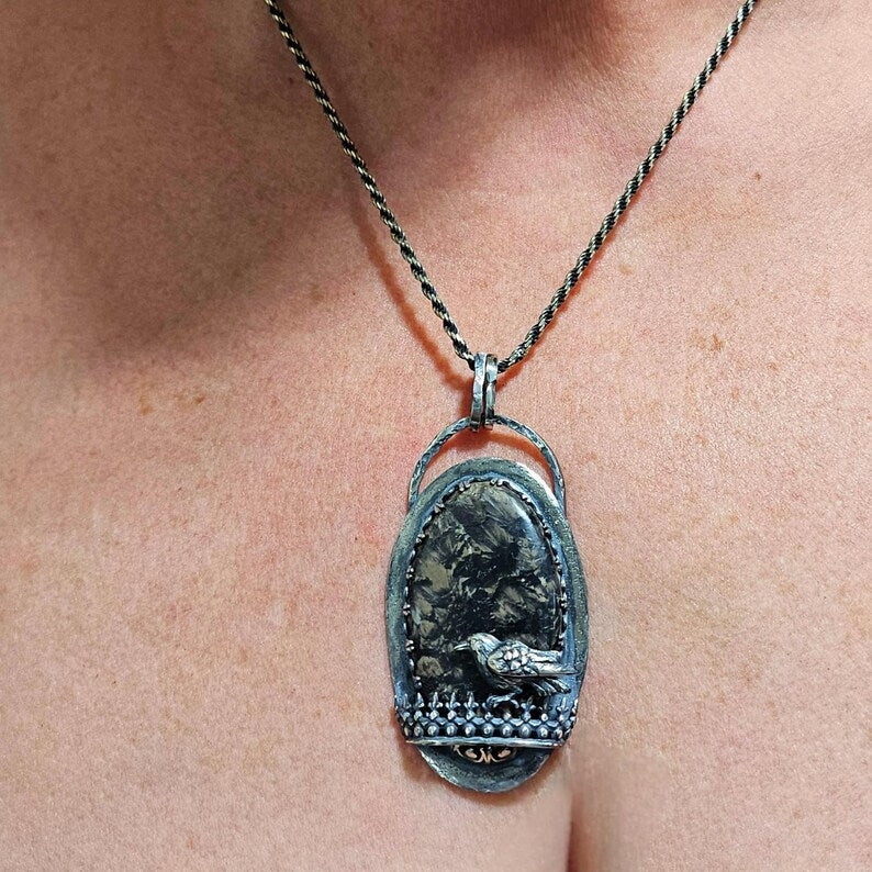 Handcut Picasso Marble Haunting Crow Sterling Silver Necklace