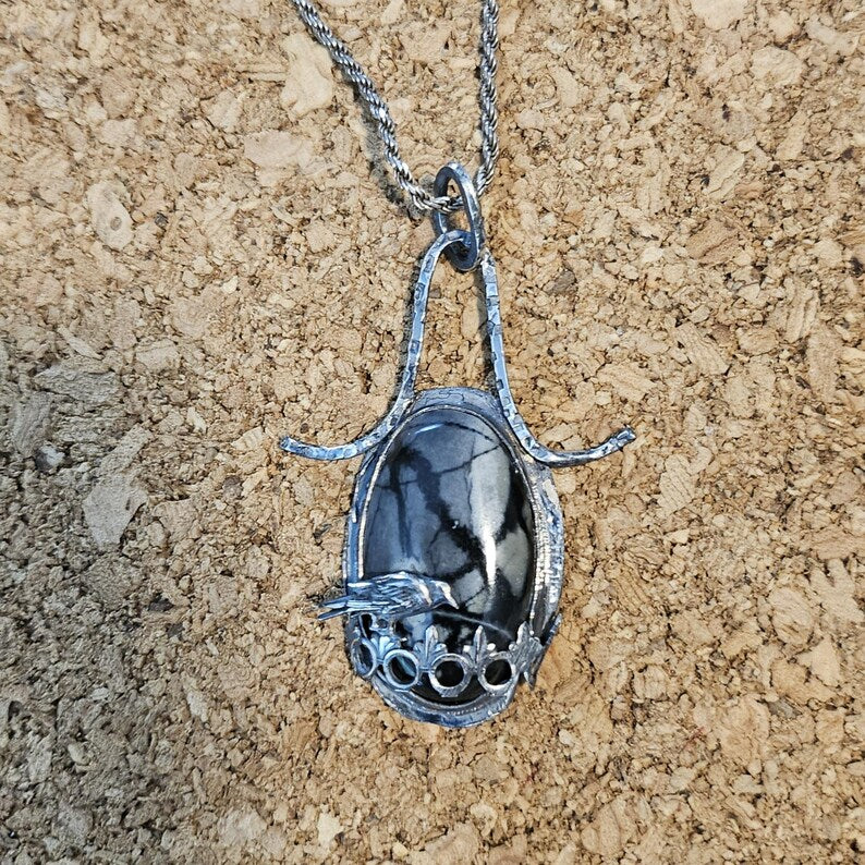 Handcut Picasso Marble Haunting Crow Sterling Silver Necklace
