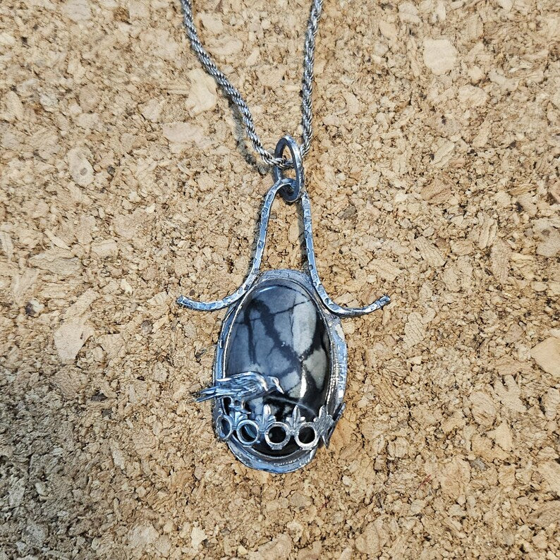 Handcut Picasso Marble Haunting Crow Sterling Silver Necklace