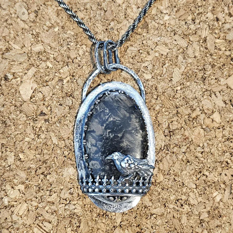 Handcut Stromatolite Haunting Crow Sterling Silver Necklace
