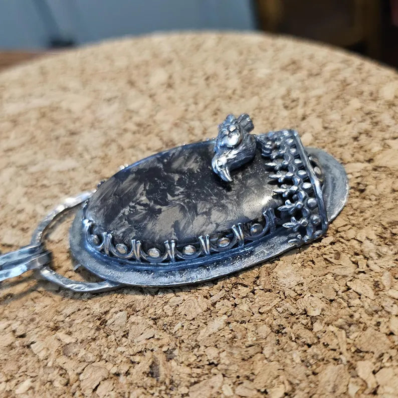 Handcut Stromatolite Haunting Crow Sterling Silver Necklace