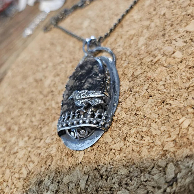 Handcut Stromatolite Haunting Crow Sterling Silver Necklace