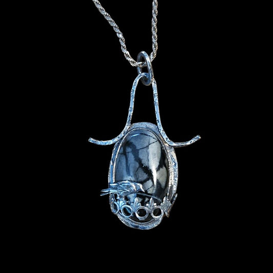 Handcut Picasso Marble Haunting Crow Sterling Silver Necklace