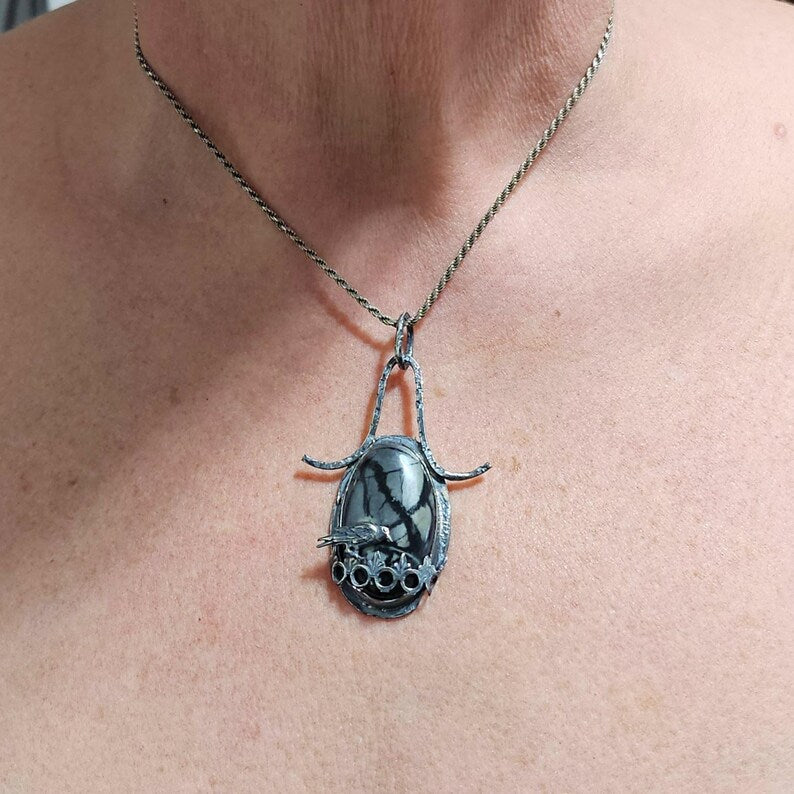 Handcut Picasso Marble Haunting Crow Sterling Silver Necklace