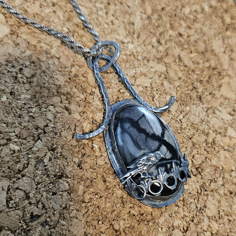 Handcut Picasso Marble Haunting Crow Sterling Silver Necklace