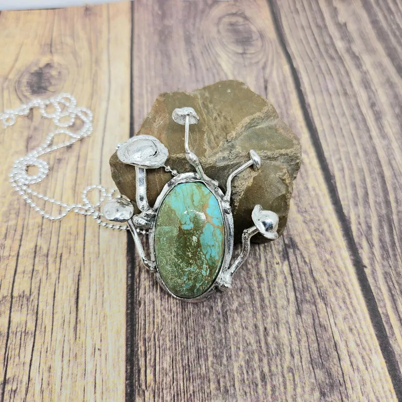 Handcrafted Enchanted Forest Mushroom Necklace with Large Handcut Royston Turquoise in Sterling Silver