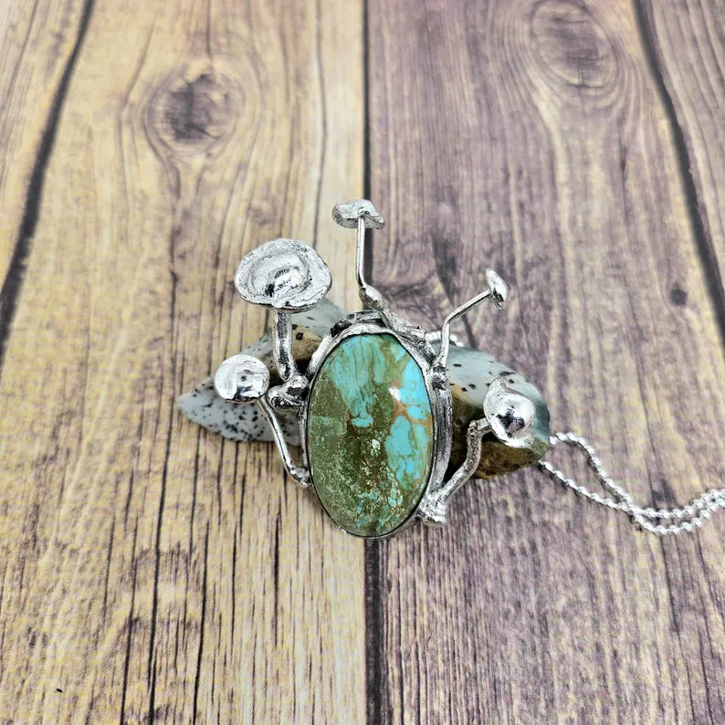 Handcrafted Enchanted Forest Mushroom Necklace with Large Handcut Royston Turquoise in Sterling Silver