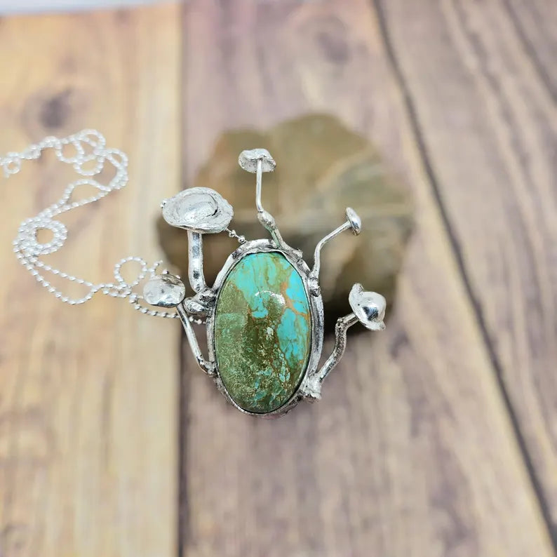 Handcrafted Enchanted Forest Mushroom Necklace with Large Handcut Royston Turquoise in Sterling Silver