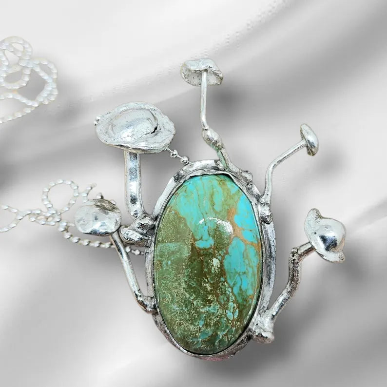 Handcrafted Enchanted Forest Mushroom Necklace with Large Handcut Royston Turquoise in Sterling Silver