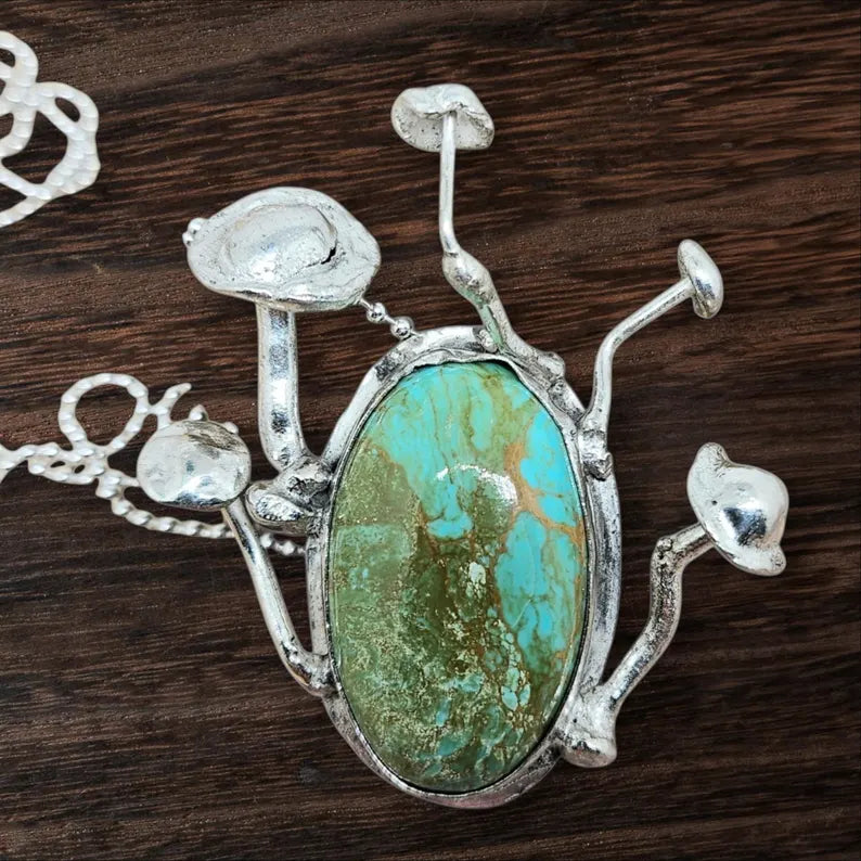 Handcrafted Enchanted Forest Mushroom Necklace with Large Handcut Royston Turquoise in Sterling Silver