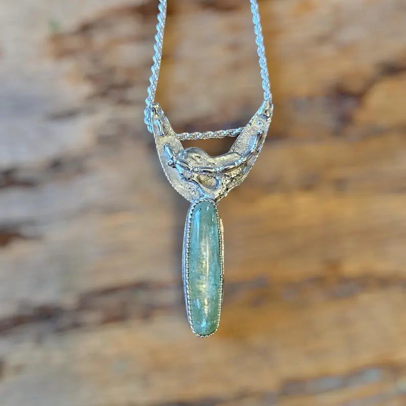 Handcrafted Rare Green Kyanite Pendant in Sterling Silver One of a Kind Earth Forged Talisman
