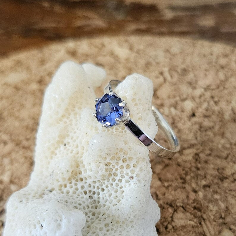 Handcrafted Lab Grown Blue Sapphire Sterling Silver Ring