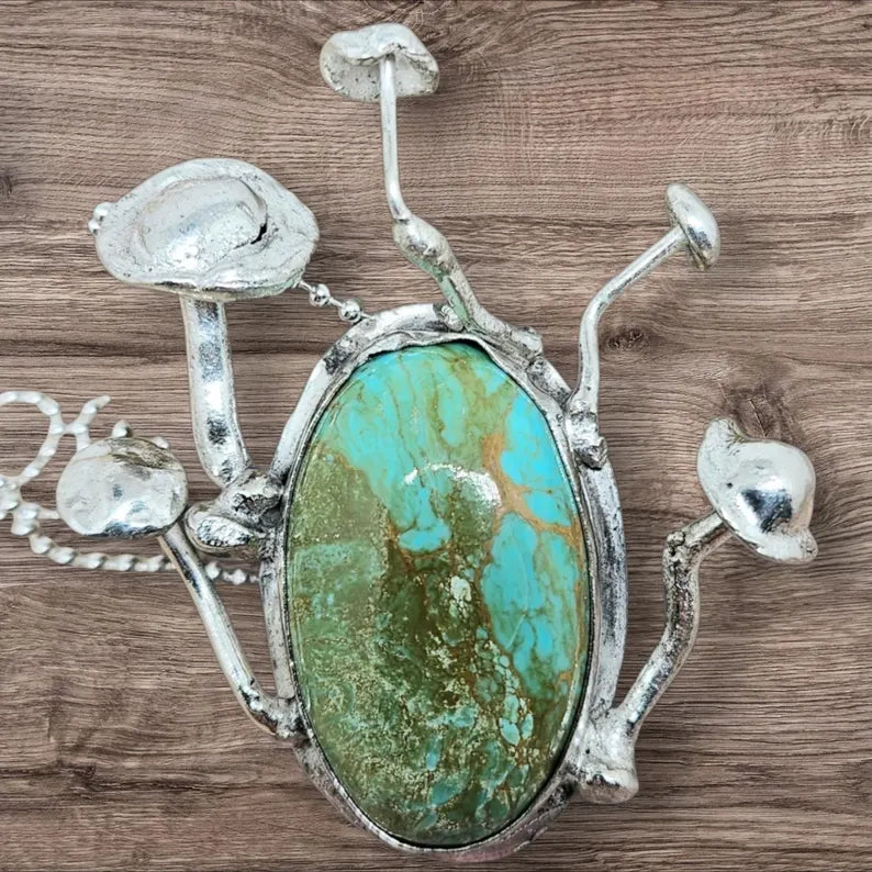 Handcrafted Enchanted Forest Mushroom Necklace with Large Handcut Royston Turquoise in Sterling Silver