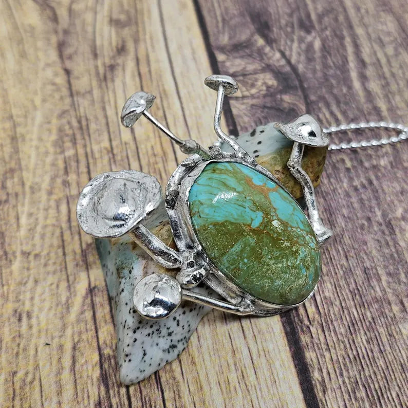 Handcrafted Enchanted Forest Mushroom Necklace with Large Handcut Royston Turquoise in Sterling Silver