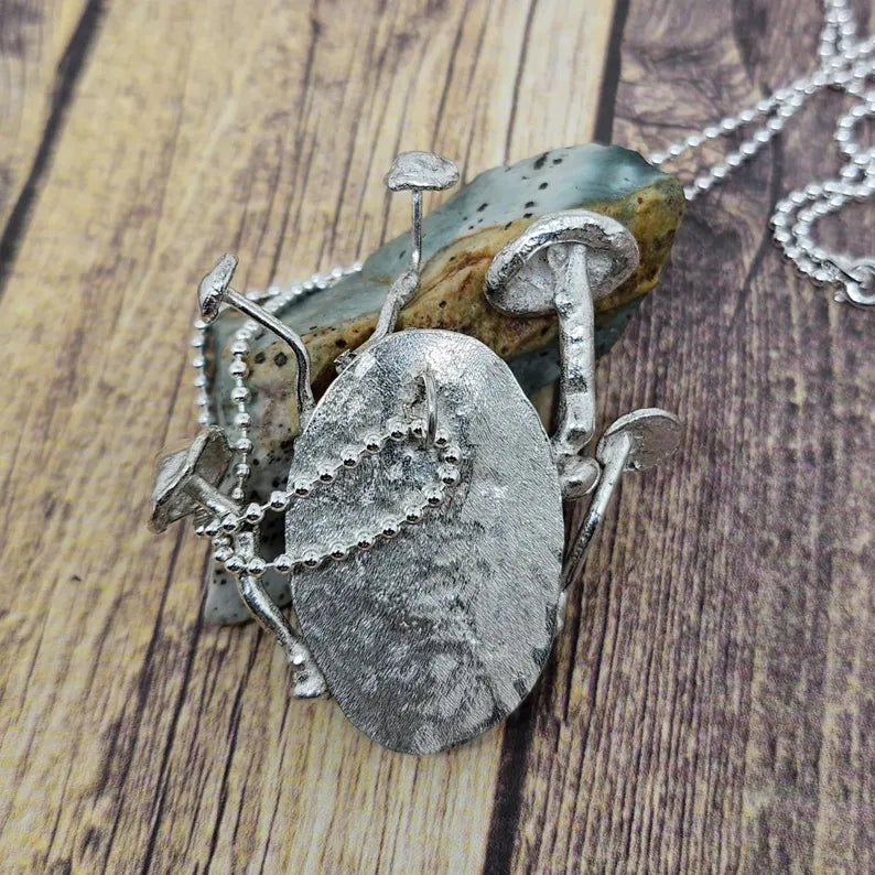 Handcrafted Enchanted Forest Mushroom Necklace with Large Handcut Royston Turquoise in Sterling Silver