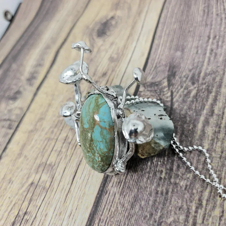 Handcrafted Enchanted Forest Mushroom Necklace with Large Handcut Royston Turquoise in Sterling Silver