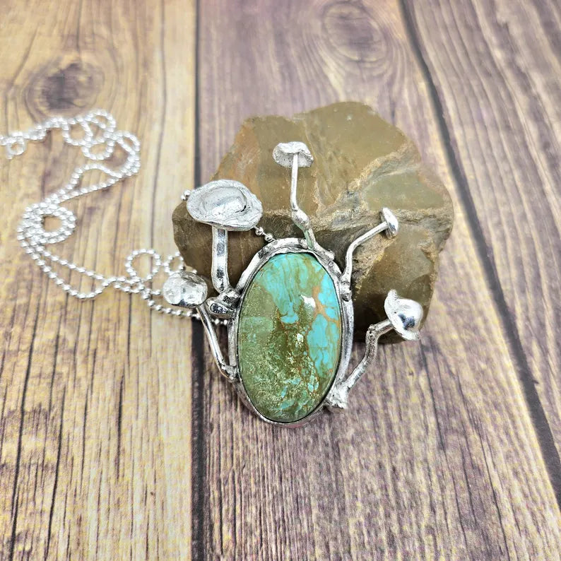 Handcrafted Enchanted Forest Mushroom Necklace with Large Handcut Royston Turquoise in Sterling Silver